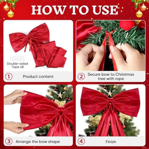 Christmas Tree Topper Bow, 23.6 x 87 Inch Giant Christmas Tree Toppers Satin Bows Christmas Decorations, Christmas Wreath Bows for Home Party Wedding Car Holiday Decor Supplies (47 Inch Red Bow) - Thumbnail 5