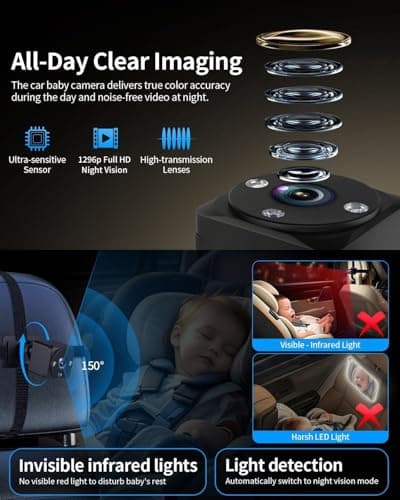 Faninso Baby Car Camera, 1296P HD Car Baby Monitor with 7" Touchscreen, CarPlay, No‑Glow Night Vision, 150° Wide Angle, Live Rear‑Seat View, Easy Installation, Alternative to Rear Facing Mirrors - Thumbnail 4