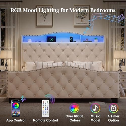 Belffin Queen Size Bed Frame and Headboard, 50.9" Velvet Upholstered Wingback Bedframe with LED Lights & Storage/Charging Station, Button Tufted Tall Footboard, No Box Spring Needed, Noise-Free, Beige - Thumbnail 4