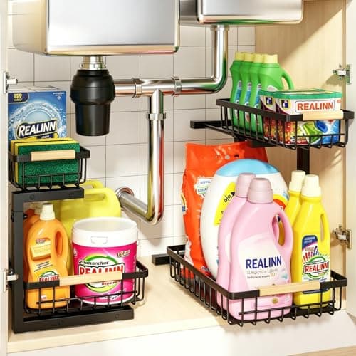 REALINN Under Sink Organizer, 2 Pack Height Adjustable Under Sink Organizers and Storage, 2 Tier Pull Out Drawer Cabinet Storage for Kitchen Bathroom - Image 1