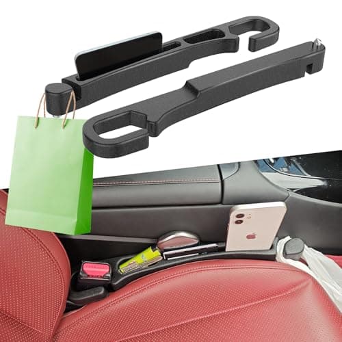 Bigger Solutions 2 Pack Car Seat Gap Filler with Storage, Organizer, Hook & Emergency Glass Breaker, Universal for Cars Trucks SUVs, Stop Items from Falling