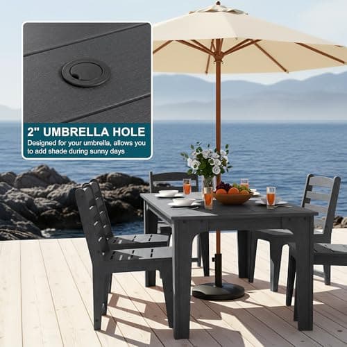 ACUEL HDPE Patio Dining Set for 6, Weather-Resistant Outdoor Table with Umbrella Hole, Never Sagging One-Piece Tabletop with Metal Support Bars for Poolside Backyard Garden (Black) - Thumbnail 3