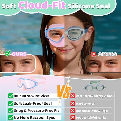 Vvinca Kids Swim Goggles 2 Pack with Nose Cover and Attached Earplugs, Wide View Anti-Fog/UV Swimming Goggles for Age 3-12 Boys Girls, No Leak Pool Water Clear Swimming Goggle for Youth Toddler - Thumbnail 4