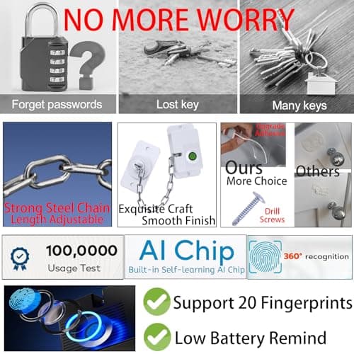 Bstsilver Fingerprint Refrigerator Lock, Baby & Cat Door Latch Adjustable Chain Childproof for Filing Cabinet Drawer Freezer, Window Biometric Locks French Fridge Latch RV Furniture Anchors Anti Tip - Thumbnail 6