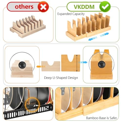 VKDDM Pots and Pans Organizer for under Cabinet - Expandable Bamboo Pot Lid Organizer, Bakeware and Cutting Board Organizers, Drawer Pot Lid Holder Rack for Kitchen Organizers and Storage - Thumbnail 5