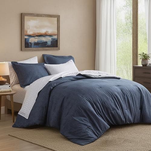 Regency Heights Full Size Comforter Set, Lightweight 7 Pieces Navy Bed in a Bag All Season Chambray Print Bedding Set Ultra Soft Comforter, Farmhouse Sheets, Pillowcase & Sham - Image 1