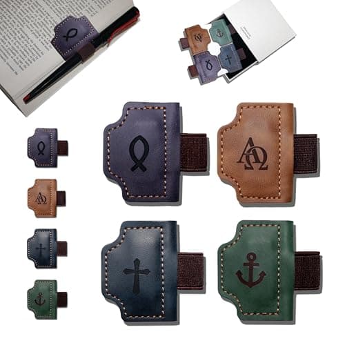 Buyborgood 4 Pcs Personalized Magnetic Leather Bookmark Pen Holder Book Lovers Christian Gifts Bygone Mark for Reading, Purple-Jesus Fish + Brown-AΩ + Blue-Cross + Green-Anchor - Image 1