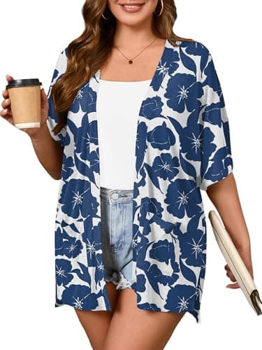 AusLook Plus Size Printed Cardigan for Women 3X Short Sleeve Lightweight Open Front Shrug with Pockets for Dresses and Layering - Image 1
