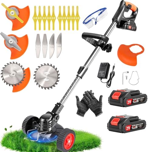 Cordless Weed Wacker Electric Weed Wacker 21V Battery Powered Brush Cutter 3-in-1 Lightweight Grass Trimmer Weed Cutter Lawn Edger with 3 Types Blade & Wheels for Lawn Garden Yard Care - Image 1