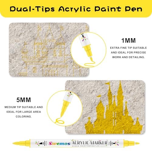 Swemos 2Pcs Yellow Acrylic Paint Pens Markers, Dual Tip with Fine Tip and Brush Tip Pens Acrylic Paint Markers Waterproof Acrylic Markers Set for Rock, Canvas Stone, Wood, Glass, Metal (YELLOW, 2) - Thumbnail 5