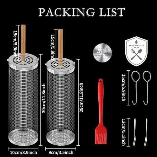 Rolling Grill Basket 2 Pcs,BBQ Baskets for Grilling,Removable Wooden Handle, Grilling Basket for Vageatbles Meat Food,304 Stainless Steel,Round Stainless Steel Grill Baskets for Outdoor Grill - Thumbnail 2