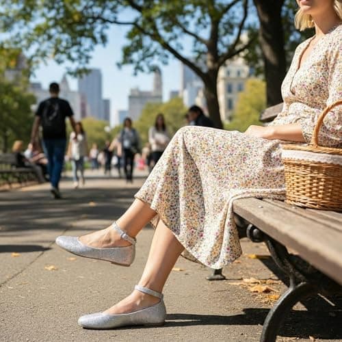 unsylvion Women's Ballet Low Wedge Flats with Round Toe and Ankle Strap Stylish Comfortable Casual Shoes for Work,Office,Business Silver - Thumbnail 2