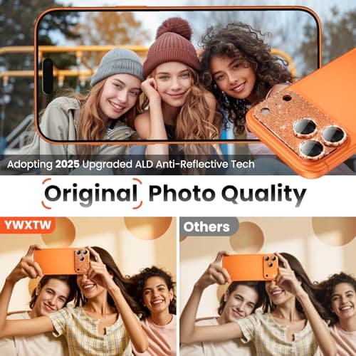 YWXTW for iPhone 17 Pro Camera Lens Protector, [Upgraded Glitter Design] Full Bling Sparkly Diamond Tempered Glass Screen Protector Metal Camera Cover Accessories (Glitter Orange, iPhone 17 Pro) - Thumbnail 4
