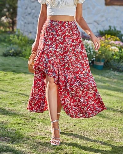 BTFBM Women 2026 Spring Summer Long Skirts Dress Boho Floral Elastic Waist Split Ruffle High Low Beach Maxi Skirt Clothes(Print Floral Red, Small) - Thumbnail 3