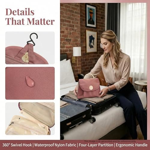 JATHIN Travel Toiletry Bag for Women - Hanging Cosmetic Makeup Organizer with Clear Compartments, Water-Resistant Cosmetic Bag, Perfect for Vacation, and Daily Use (pink) - Thumbnail 3