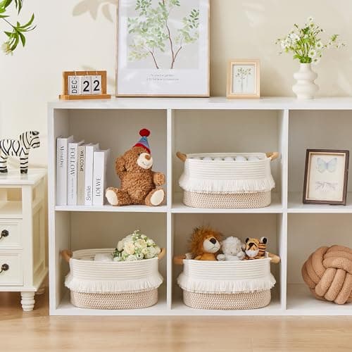 BUBUSUN Woven Baskets, 3-Pack Storage Basket for Living Room, Bedroom, Nursery, Stylish Gift Basket with Handles, Cotton Rope Basket for Toys and Shelves, Multi-Purpose Organizer (White/Brown) - Thumbnail 5