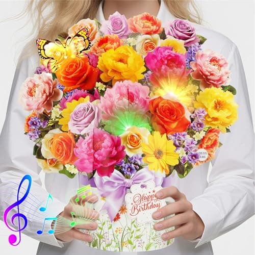 XTF2015 Birthday Cards with MUSIC & LIGHTS, Happy Birthday Card, Peony & Butterfly, 13 Inch Life Sized Forever Flower Bouquet 3D Pop Up Music Cards for Mom Daughter Women Wife - Image 1