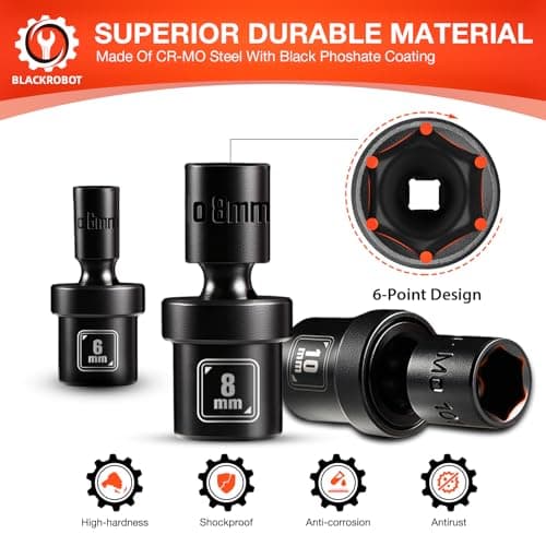 BLACKROBOT 1/4" Drive Universal Impact Socket Set, 16-Pieces Swivel Socket Set, Metric(5-15mm) Flexible Wobble Socket, 2", 6" Extension Bars, Socket Adapter, 6 Point, CR-MO - Thumbnail 5