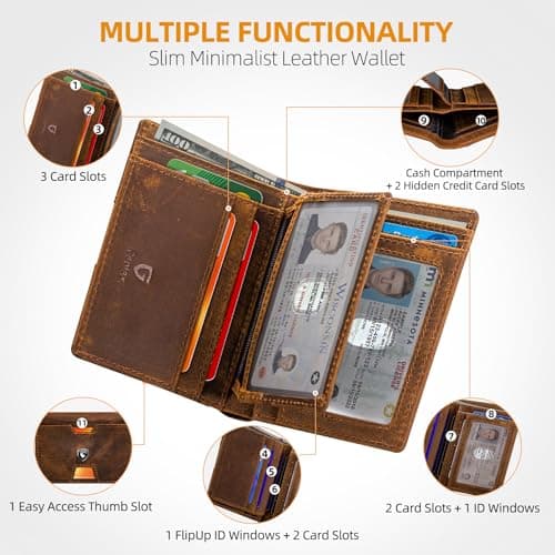 GSOIAX Slim Top Grain Premium Crazy Horse Leather Wallet for Men Bifold Handcrafted Vintage 13 Card Slots & 1 Bill Compartment RFID Blocking, Front Pocket Credit Card Holder with Gift Box (Red-brown) - Thumbnail 3
