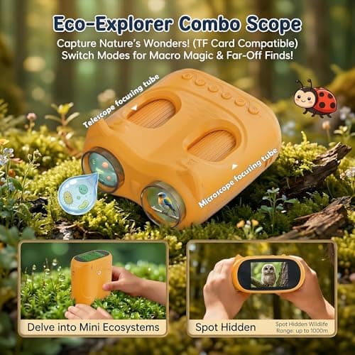 OAEBLLE 2-in-1 Kids Microscope and Telescope, 1000X Handheld Digital Microscope for Kids, 2.0" Screen, 8 LEDs, 10X Pocket Telescope for Outdoor, 1080P Camera STEM Toys Gift for Boys Girls 4-12, Yellow - Thumbnail 5