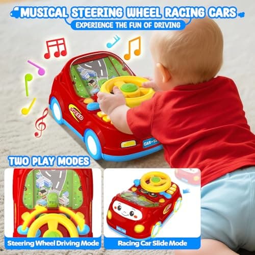 Toys for 1 Year Old Boy Gifts - 2-in-1 Toddler Push Car & Musical Racing Adventure Steering Wheel Driving Game, Interactive Simulated Driving Car for Baby 12-18 Months, Birthday Gift Ages 1-2,Dark Red - Thumbnail 2