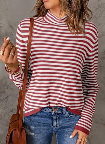 Dokotoo Womens Lightweight Oversized Sweaters Casual Pullover Sweater Fashion Long Sleeve Jumpers Tops Sweaters Spring 2026 Turtleneck Pullover Shirts Red Striped XX-Large - Thumbnail 3