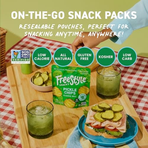 Freestyle Snacks Pickle Chip Snack Packs - Classic Dill - All Natural, Fresh-Packed Deli-Style Pickles - Non-GMO, Kosher, Gluten-Free, Low Calorie Snacks - 3.5 Ounce (6 Pack) - Thumbnail 5