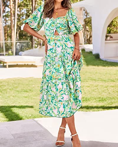 BTFBM Summer Dresses for Women 2026 Spring Outfits Beach Vacation Short Sleeve Smocked Boho Casual Floral Maxi Dress(Print Green, Medium) - Thumbnail 2