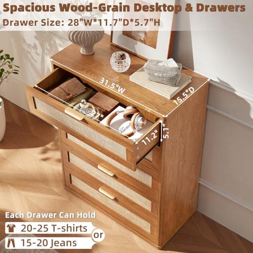 LEYAOYAO Rattan Dresser for Bedroom, 41" Tall Dressers Chest of Drawers, Boho Small Dressers with 5 Drawers, Tea Brown Dresser Wooden Closet Organizer for Living Room, Hallway - Thumbnail 5