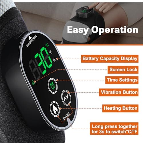 Cordless Heated Knee Massager with Vibration, Heated Knee Brace Wrap, Heating Knee Pad for Knee Elbow, Knee Heating Pad for Arthritis with 6 Heating Levels, 3 Massage Modes&Timer (Black+White) - Thumbnail 4