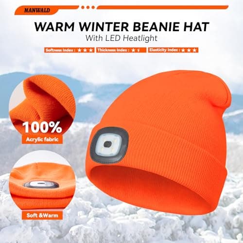 MANWALD LED Beanie Hat with Light, USB Rechargeable LED Headlamp, Fathers Day Dad Gifts for Men, Birthday Gifts for Women Adults, Gifts for Him Dad Husband, Boyfriend, Orange - Thumbnail 4