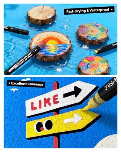 JusArt 36 Colors Automatic Ink Control Acrylic Paint Markers, Dual Tip with Broad Tip and Brush Tip Pens for Ceramic, Wood, Canvas, Glass, Stone, Fabric, Rock Painting, DIY Crafts Art Supplies Kit - Thumbnail 4