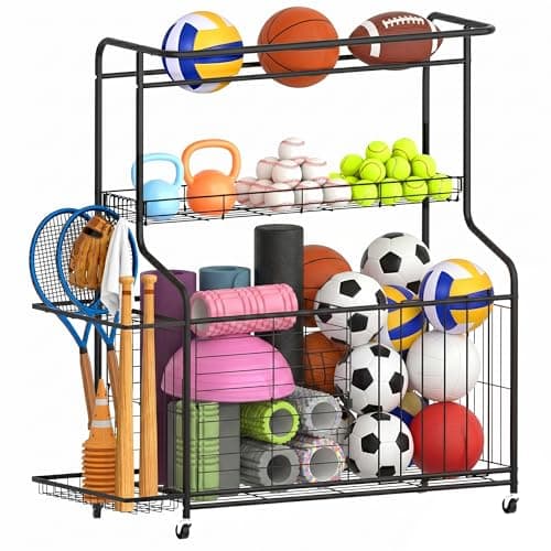 Sports Equipment Organizer -Heavy Duty Rolling Garage Storage Rack & Ball Holder, Large Capacity Cart for Outdoor Toy Storage & Garage Storage - Image 1