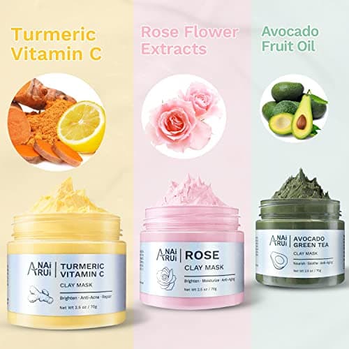 ANAI RUI 3 Pack Clay Mask Set Turmeric Vitamin C Clay Mask -Rose Facial Mask -Avocado Green Tea Mud Mask Smoothing, Hydration & Glow,Spa Gift Set, Self Care for Women Teens 2.5 oz Each - Thumbnail 2