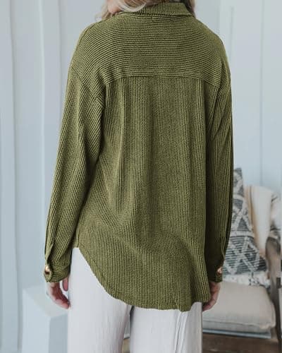 PRETTYGARDEN Women's Button Down Shirts 2026 Spring Long Sleeve Textured Tops Oversized Shacket Jacket Knit Blouses(Army Green,Large) - Thumbnail 5
