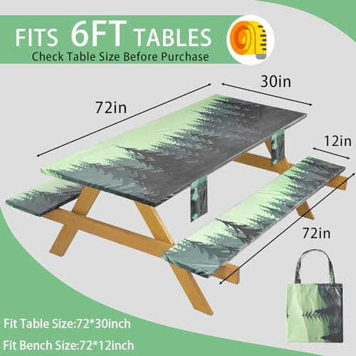 memKiya Fitted Waterproof Picnic Table Cover with Bench Covers Elastic Edges Camping Tablecloth for 6 Foot Rectangle Tables Camp Cooking Motorhome Hiking Equipment Car Rv Travel Trailer Needs Gifts - Thumbnail 2
