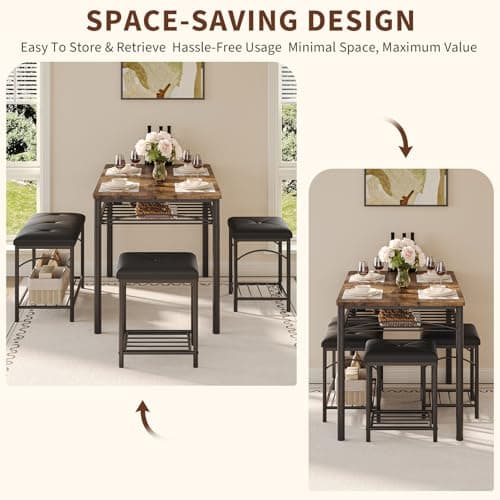 Garvee Dining Table Set for 4, Kitchen Table with Upholstered Bench and 2 Stools, 4 Pieces Kitchen Table Set with Storage Rack & Metal Frame for Small Space, Kitchen Table and Chairs Set for Apartment - Thumbnail 5