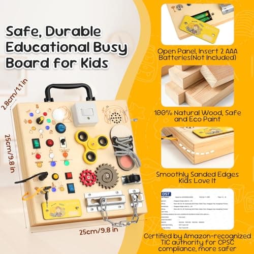 Wooden Busy Board with LED Light，Montessori Baby Learning Toys for Toddlers , Sensory Activity Board , Travel Educational Toy Boy & Girl Birthday Gift (Black Handle) - Thumbnail 2