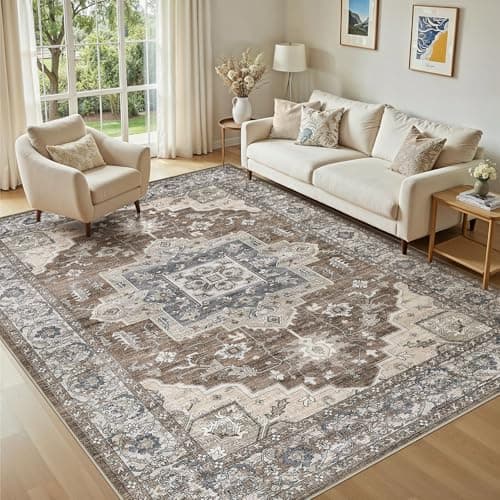 Jessibou 5x7 Area Rugs Living Room: Washable Vintage Rug Large Non-Slip Stain Resistant Ultra Soft Low Pile Pet Kids Friendly Carpets for Bedroom Dining Room Nursery Home Office Decor - Dark Brown - Image 1