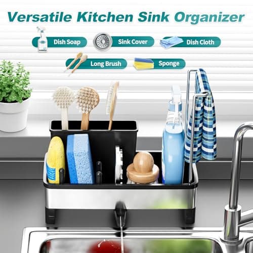 Ewaiira Stainless Steel Sink Caddy, Sponge Holder for Kitchen Sink with Brush Holder and Towel Rack, Sink Organizer for Countertop, Soap Dispenser Kitchen Organizers Storage Essentials (A-Black) - Thumbnail 3