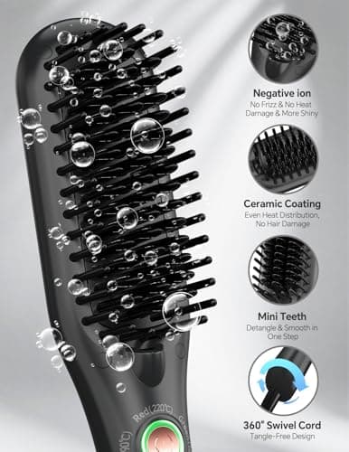 LANDOT Mini Hair Straightener Brush - Ionic Heated Straightening Brush for Frizz-Free & Smooth Styling, Compact Lightweight Dual Voltage Travel Flat Iron Comb, Black - Thumbnail 3