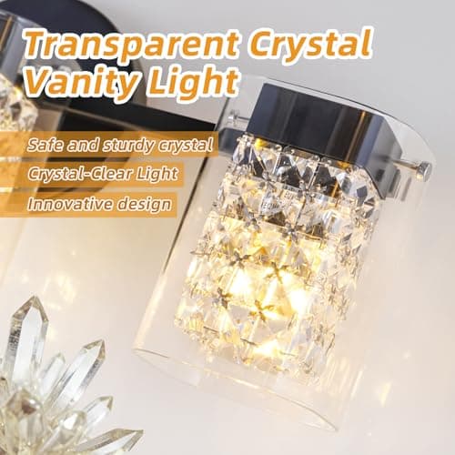 TYhogar Modern Crystal Vanity Lights, 3-Light Black Bathroom Light Fixtures with Clear Shades, Bathroom Lighting Fixtures Over Mirror Wall Light for Hallway, Decoration,Bedroom（Exclude Bulb） - Thumbnail 4