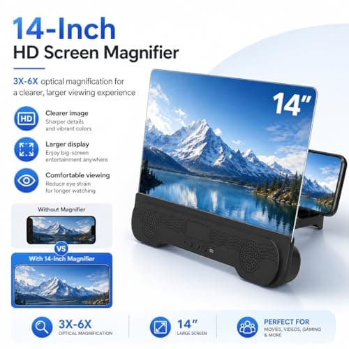 14'' Screen Magnifier for Cell Phone with Bluetooth Speakers,3D Magnifying Projector Screen Enlarger for Movies Videos Games Foldable Stand Holder with HD Screen Amplifier Supports All Smartphones - Thumbnail 2