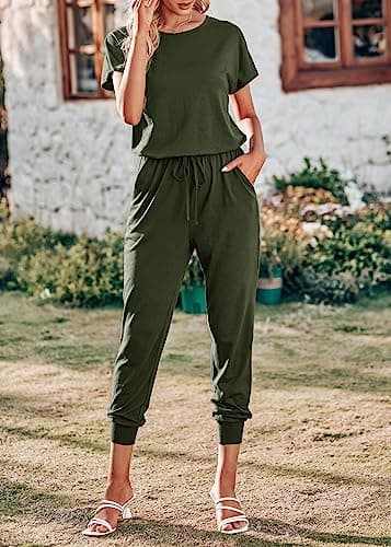 KIRUNDO Jumpsuits for Women Summer 2026 Casual Short Sleeve One Piece Outfits Drawstring Waist Long Pants Romper Jumpers(Army Green, Medium) - Thumbnail 6
