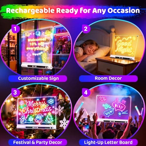 16“ Rechargeable LED Drawing Board, 9-Color Light Modes with Timer & Built-in Stand, Neon Art Dry Erase Glow Up Doodle Note Pad, Sketching Gift Toy for Kids/Girls/Teens, 6 Markers & Tracing Book - Thumbnail 3