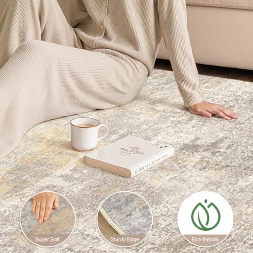 cotiled 5x7 Area Rugs for Living Room - Washable Neutral Abstract Carpet Non Slip Soft Rug for Bedroom & Dining Table, Robot Vacuum & Pet Friendly Floor Decor Gold/Grey/Brown - Thumbnail 5