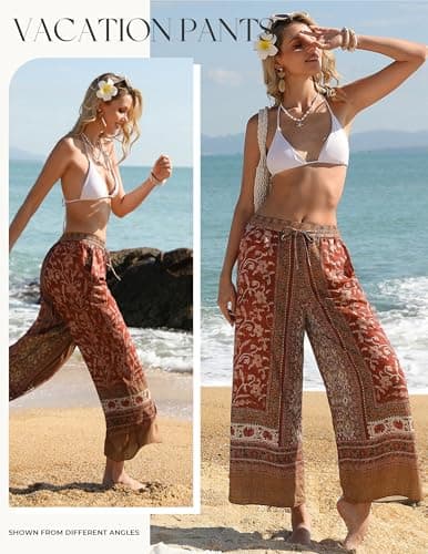 GRACE KARIN Womens Casual Wide Leg Pants, 2026 Summer Palazzo Boho Vacation Pants, High Waist Drawstring Trousers with Pockets Red L - Thumbnail 2