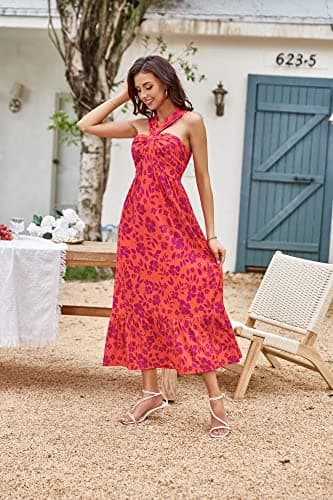 GRACE KARIN 2025 Summer Women's Criss Cross Halterneck Sleeveless Floral Print Flowy A Line Maxi Dress Orange Purple XXL - Thumbnail 2