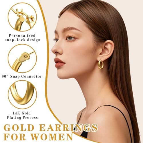 14K Gold Plated Hoop Earrings for Women, Hypoallergenic Lightweight Small Huggie Hoops, Fashion Gold Earrings with Gift Box Ideal Jewelry Gift for Birthday Valentine Mother's Day for Wife Her (19mm) - Thumbnail 4