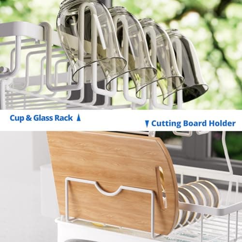 Godboat Dish Drying Rack, 2-Tier Dish Rack with Auto-Drain & Mat, Dish Racks for Kitchen Counter, Dish Drainer with Knife, Fork & Cup Rack, Gifts for Women, Mothers Day, Kitchen Gadgets, White - Thumbnail 6